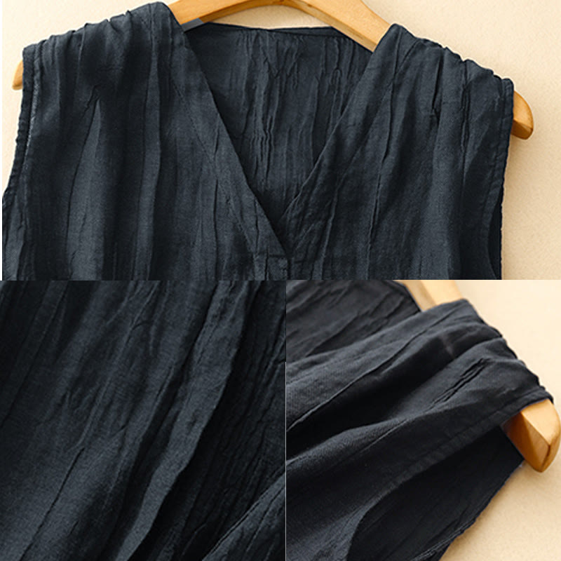 Buddha Stones Casual Summer Pure Color Pleated Design Sleeveless Women's Cotton Linen V-Neck Vest Cardigan - image 8