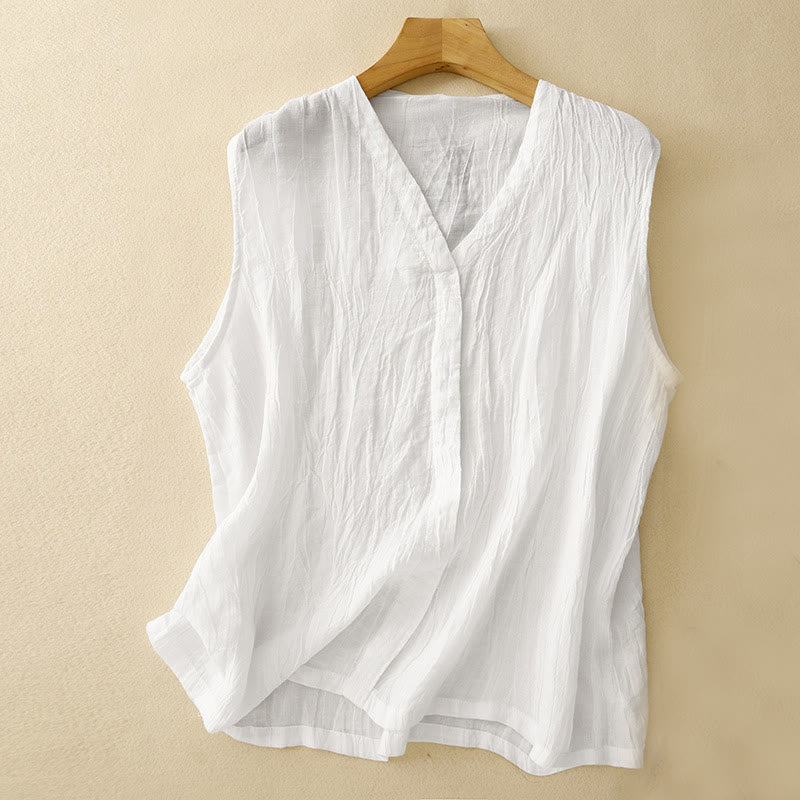 Buddha Stones Casual Summer Pure Color Pleated Design Sleeveless Women's Cotton Linen V-Neck Vest Cardigan - White - US8-10，UK/AU12-14，EU40-42 (2XL) - image 13
