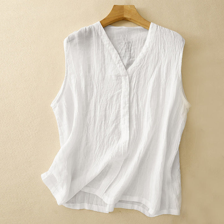 Buddha Stones Casual Summer Pure Color Pleated Design Sleeveless Women's Cotton Linen V-Neck Vest Cardigan - White - US8-10，UK/AU12-14，EU40-42 (2XL) - image 13