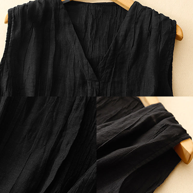 Buddha Stones Casual Summer Pure Color Pleated Design Sleeveless Women's Cotton Linen V-Neck Vest Cardigan - image 12