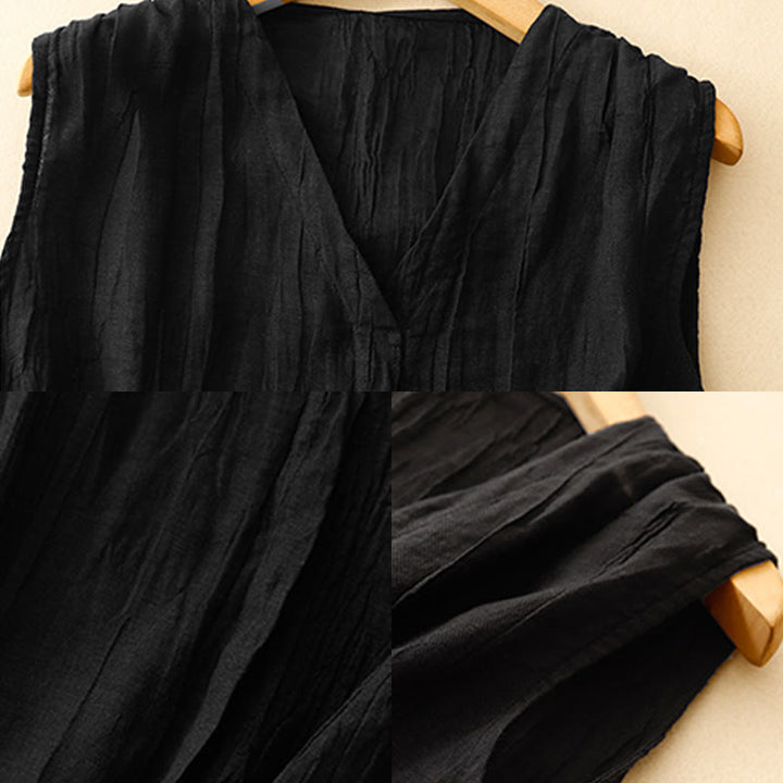 Buddha Stones Casual Summer Pure Color Pleated Design Sleeveless Women's Cotton Linen V-Neck Vest Cardigan - image 12