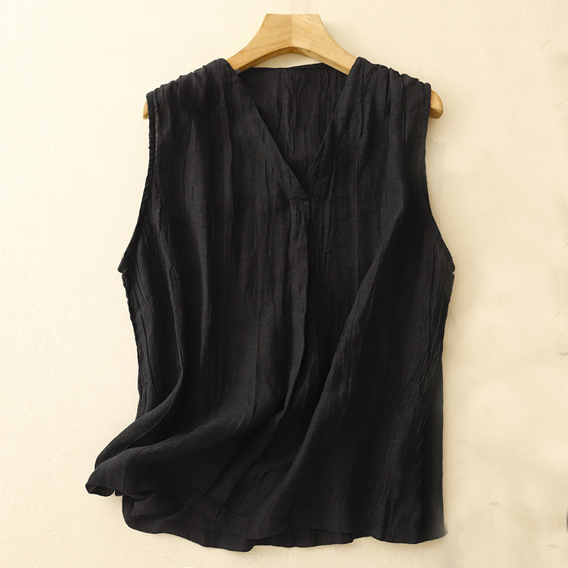 Buddha Stones Casual Summer Pure Color Pleated Design Sleeveless Women's Cotton Linen V-Neck Vest Cardigan - Black - US8-10，UK/AU12-14，EU40-42 (2XL) - image 9