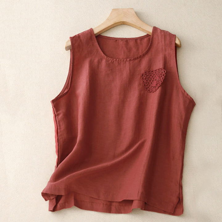 Buddha Stones Casual Pure Color Embroidery Patchwork Design Sleeveless Crew Neck Women's Cotton Linen Vest - FireBrick - US12，UK/AU16，EU44 (3XL) - image 11