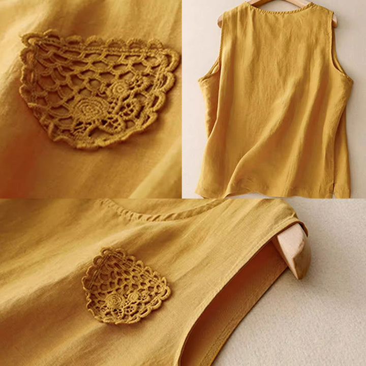 Buddha Stones Casual Pure Color Embroidery Patchwork Design Sleeveless Crew Neck Women's Cotton Linen Vest - image 6