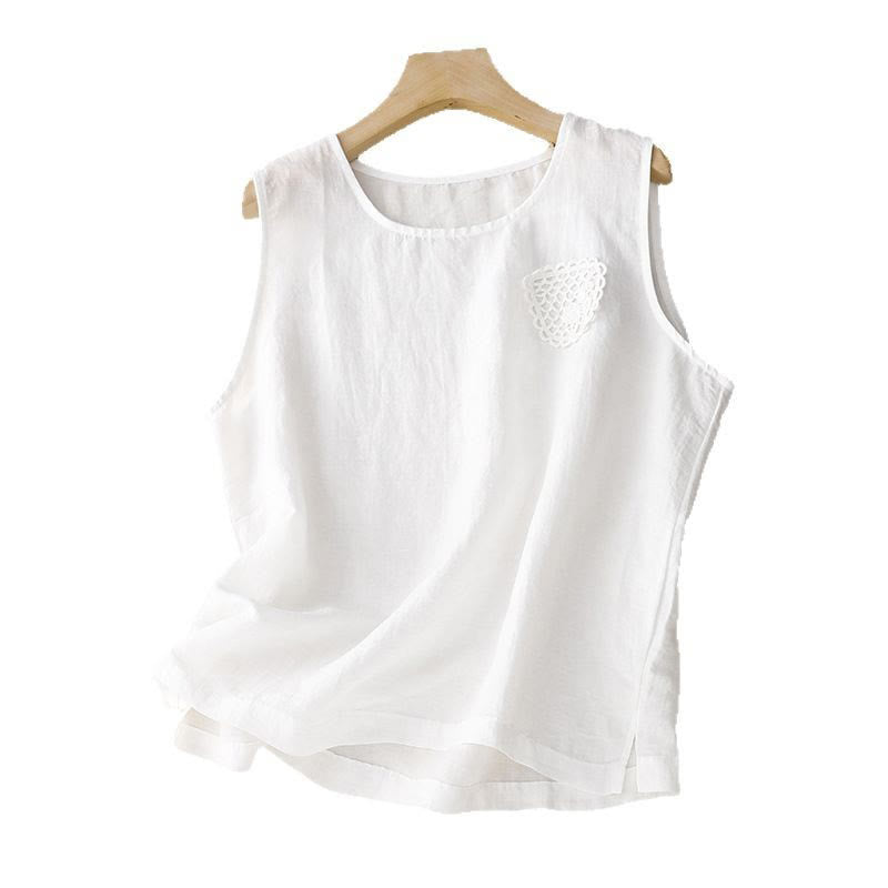 Buddha Stones Casual Pure Color Embroidery Patchwork Design Sleeveless Crew Neck Women's Vest - image 24