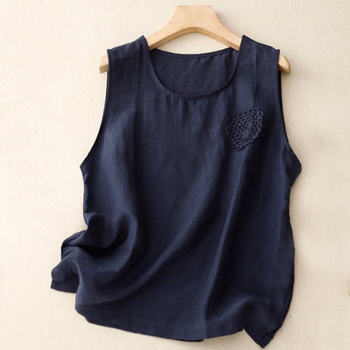 Buddha Stones Casual Pure Color Embroidery Patchwork Design Sleeveless Crew Neck Women's Cotton Linen Vest - MidnightBlue - US12，UK/AU16，EU44 (3XL) - image 7