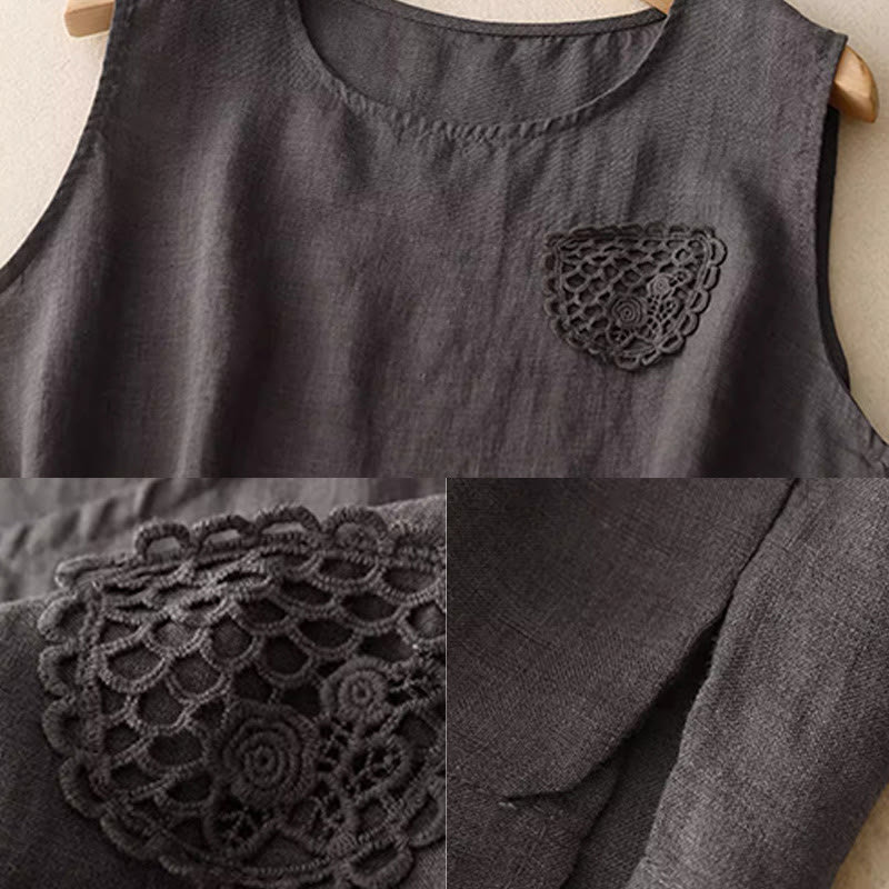 Buddha Stones Casual Pure Color Embroidery Patchwork Design Sleeveless Crew Neck Women's Cotton Linen Vest - image 18