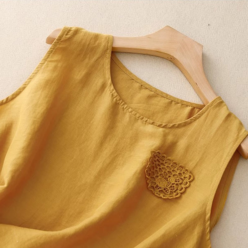 Buddha Stones Casual Pure Color Embroidery Patchwork Design Sleeveless Crew Neck Women's Cotton Linen Vest - image 1