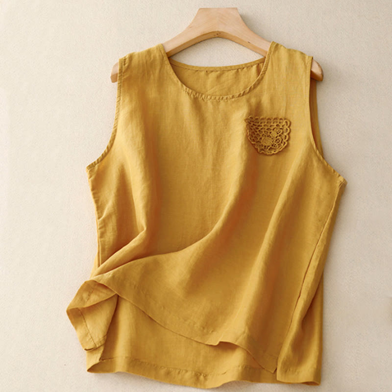 Buddha Stones Casual Pure Color Embroidery Patchwork Design Sleeveless Crew Neck Women's Cotton Linen Vest - Gold - US12，UK/AU16，EU44 (3XL) - image 0