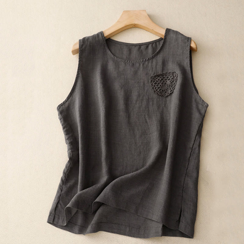 Buddha Stones Casual Pure Color Embroidery Patchwork Design Sleeveless Crew Neck Women's Cotton Linen Vest - DarkOliveGreen - US12，UK/AU16，EU44 (3XL) - image 15