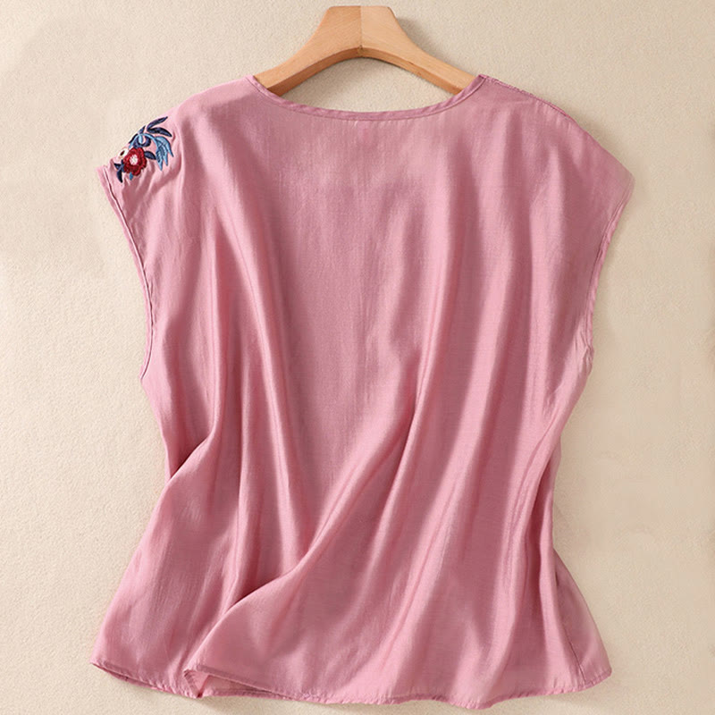 Buddha Stones Casual Vintage Plain Embroidery Flower Pattern Contrasting Color Sleeveless Crew Neck Women's Cotton Linen Vest - image 1