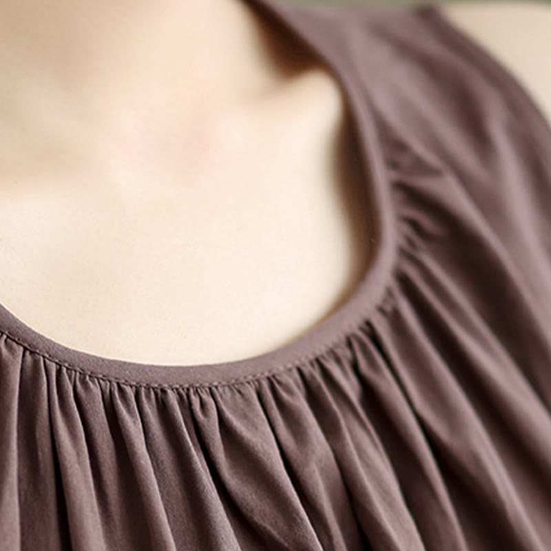 Buddha Stones Summer Artistic Solid Color Pleated Crew Neck Design Women's Cotton Linen  Vest - image 6