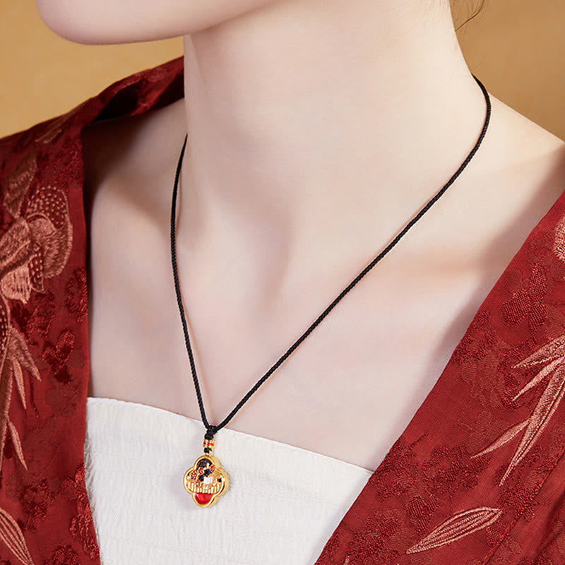 Buddha Stones 925 Sterling Silver Plum Blossom Cat Four Leaf Clover Blessing Necklace Pendant - image 4