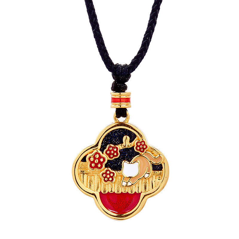 Buddha Stones 925 Sterling Silver Plum Blossom Cat Four Leaf Clover Blessing Necklace Pendant - image 9