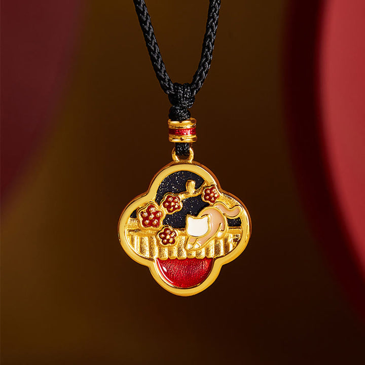 Buddha Stones 925 Sterling Silver Plum Blossom Cat Four Leaf Clover Blessing Necklace Pendant - 925 Sterling Silver - image 0