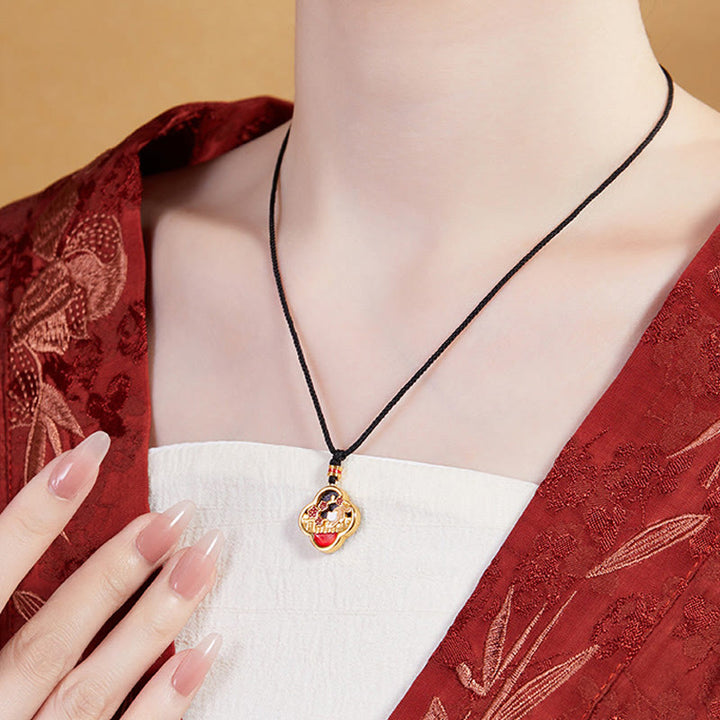 Buddha Stones 925 Sterling Silver Plum Blossom Cat Four Leaf Clover Blessing Necklace Pendant - image 7