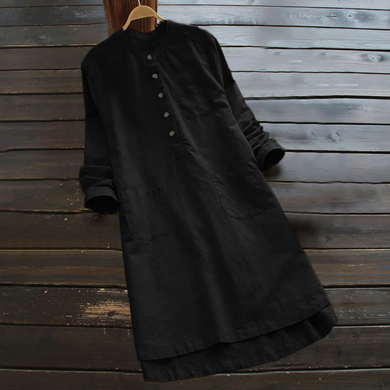 Buddha Stones Solid Buttons Long Sleeve Cotton Linen Women's Shirt Dress With Pockets