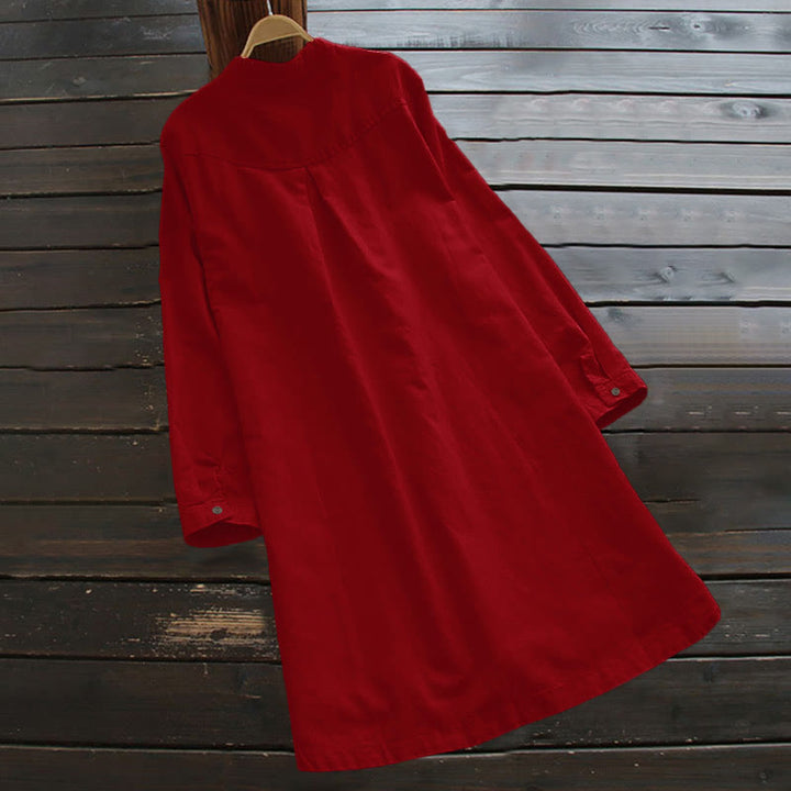 Buddha Stones Solid Buttons Long Sleeve Cotton Linen Women's Shirt Dress With Pockets