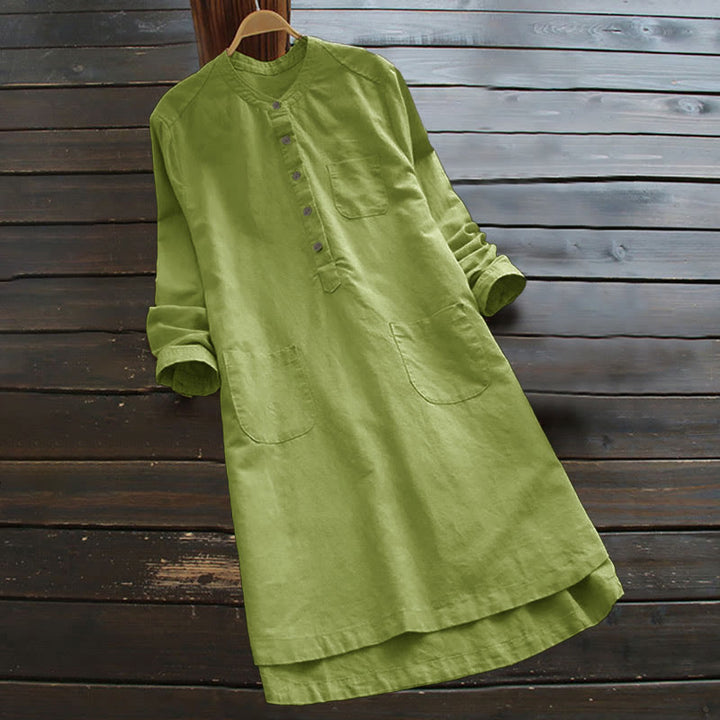 Buddha Stones Solid Buttons Long Sleeve Cotton Linen Women's Shirt With Pockets - YellowGreen - US16，UK/AU20，EU48 (5XL) - image 9