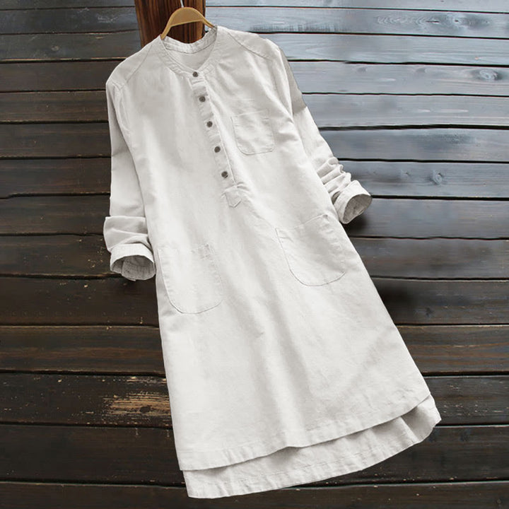 Buddha Stones Solid Buttons Long Sleeve Cotton Linen Women's Shirt Dress With Pockets
