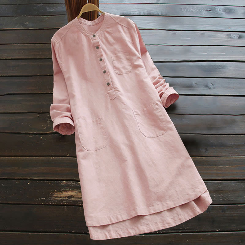 Buddha Stones Solid Buttons Long Sleeve Cotton Linen Women's Shirt With Pockets - Pink - US16，UK/AU20，EU48 (5XL) - image 6