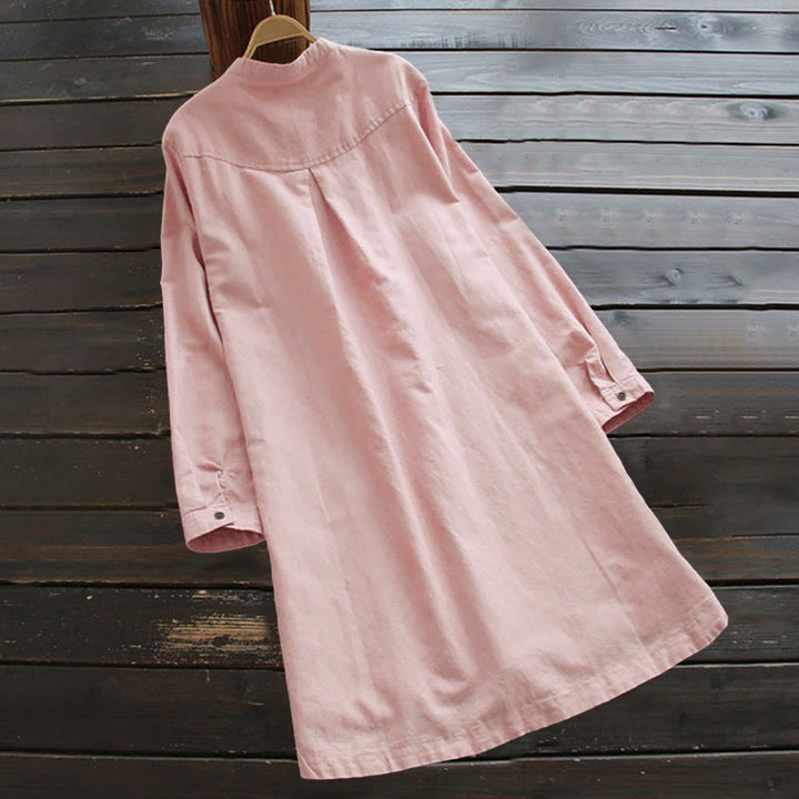 Buddha Stones Solid Buttons Long Sleeve Cotton Linen Women's Shirt Dress With Pockets