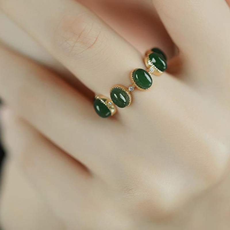 Buddha Stones 925 Sterling Silver Hetian Cyan Jade Beads Healing Adjustable Ring - image 8