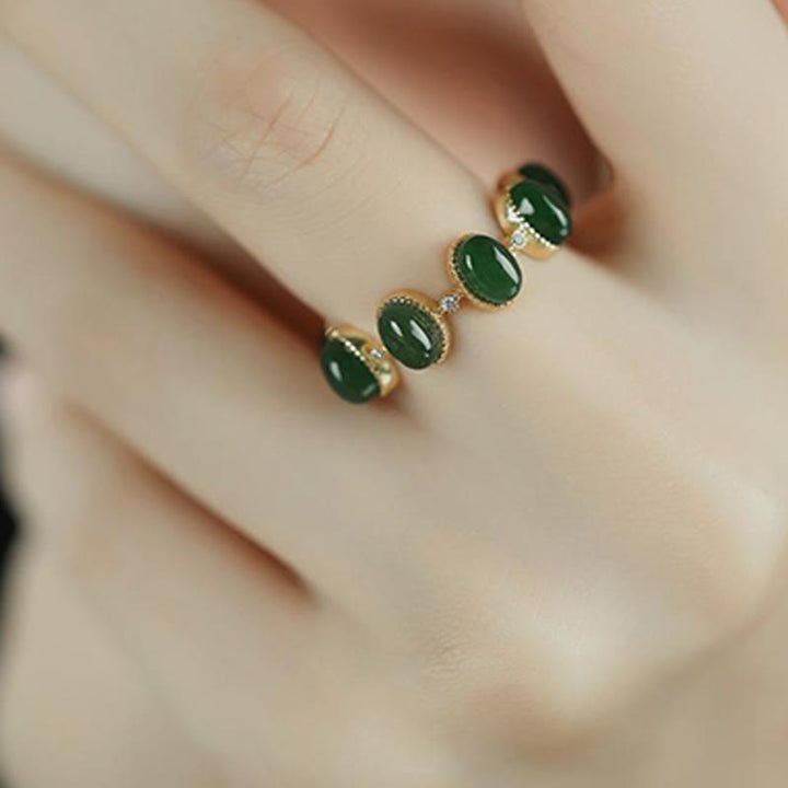 Buddha Stones 925 Sterling Silver Hetian Cyan Jade Beads Healing Adjustable Ring - image 8