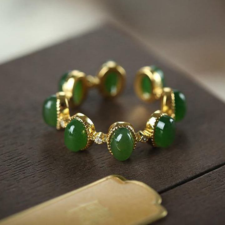 Buddha Stones 925 Sterling Silver Hetian Cyan Jade Beads Healing Adjustable Ring - image 3