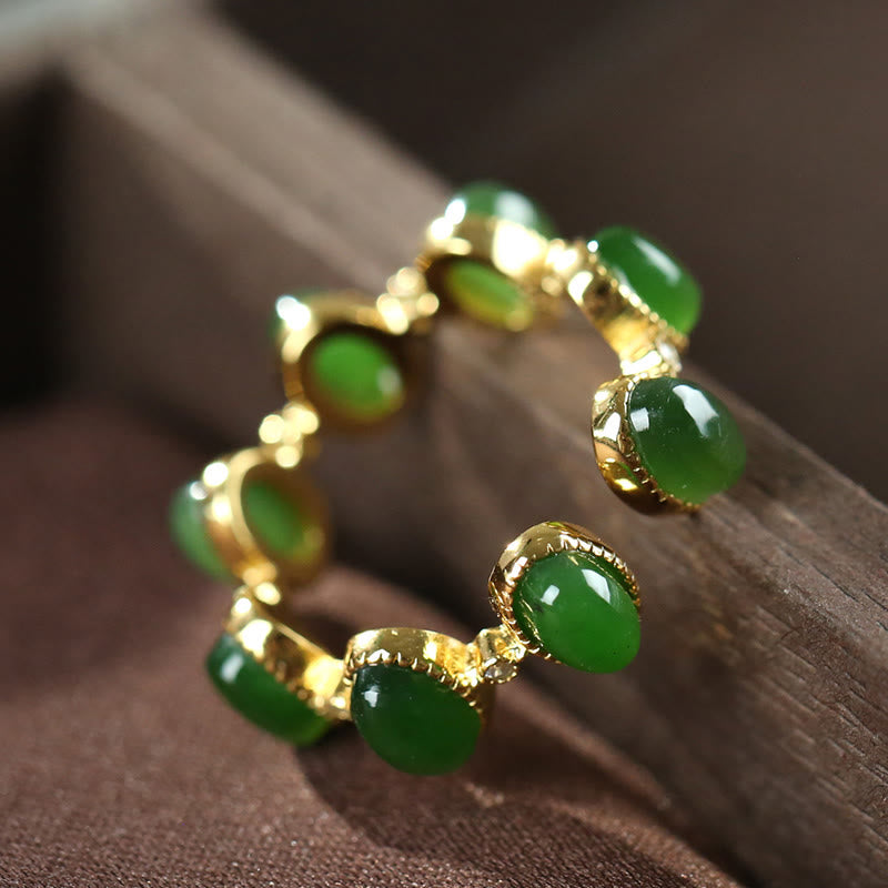 Buddha Stones 925 Sterling Silver Hetian Cyan Jade Beads Healing Adjustable Ring - image 2