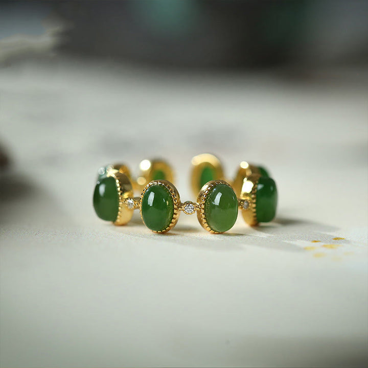 Buddha Stones 925 Sterling Silver Hetian Cyan Jade Beads Healing Adjustable Ring - US5-US7(Adjustable) - image 0