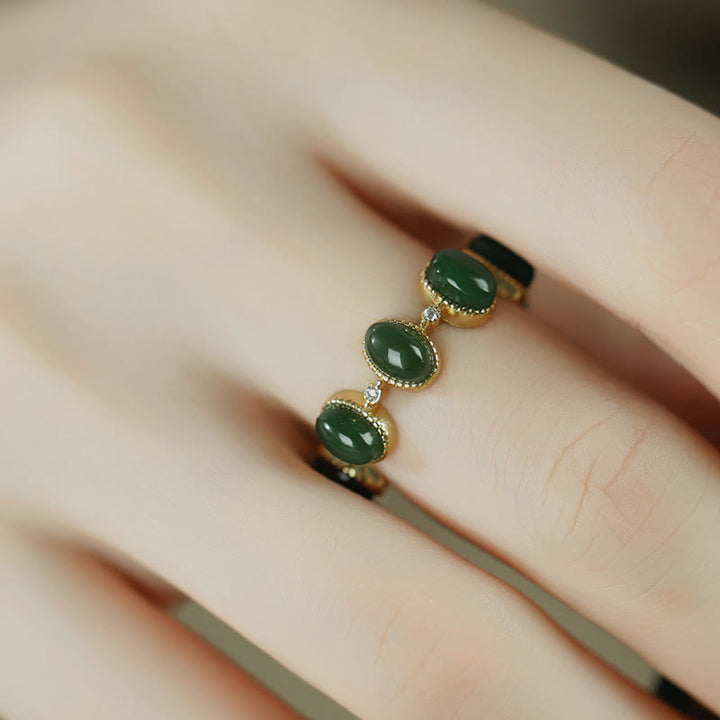 Buddha Stones 925 Sterling Silver Hetian Cyan Jade Beads Healing Adjustable Ring - image 4