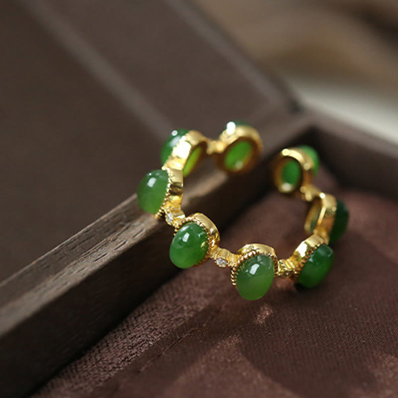 Buddha Stones 925 Sterling Silver Hetian Cyan Jade Beads Healing Adjustable Ring - image 9