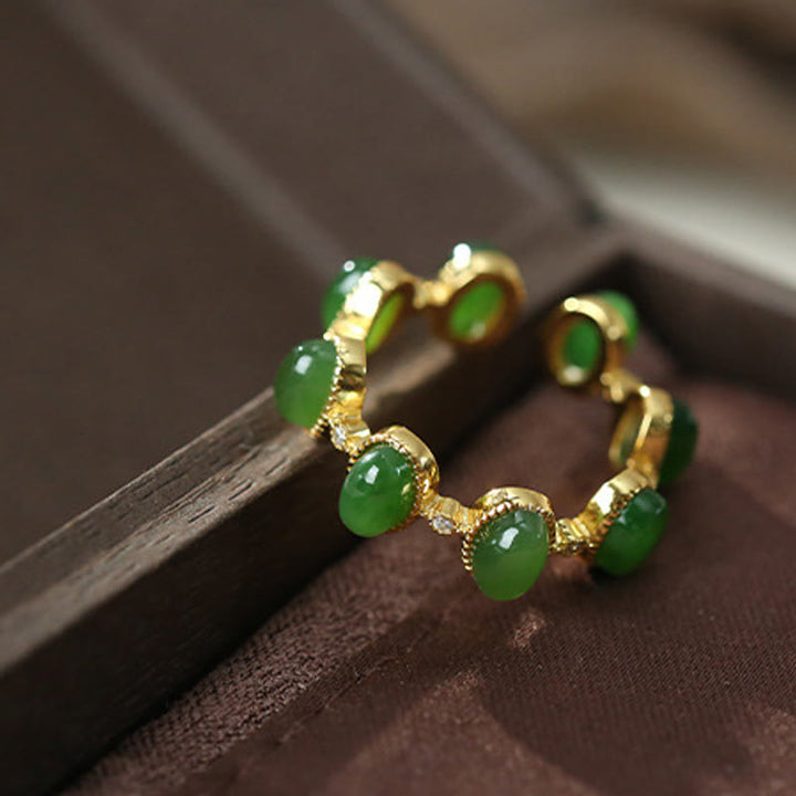 Buddha Stones 925 Sterling Silver Hetian Cyan Jade Beads Healing Adjustable Ring - image 9