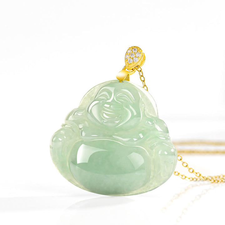 Buddha Stones 925 Sterling Silver Natural Jade Laughing Buddha Luck Prosperity Chain Necklace Pendant - image 4