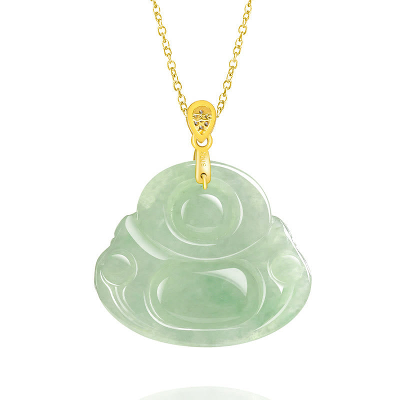 Buddha Stones 925 Sterling Silver Natural Jade Laughing Buddha Luck Prosperity Chain Necklace Pendant - image 5