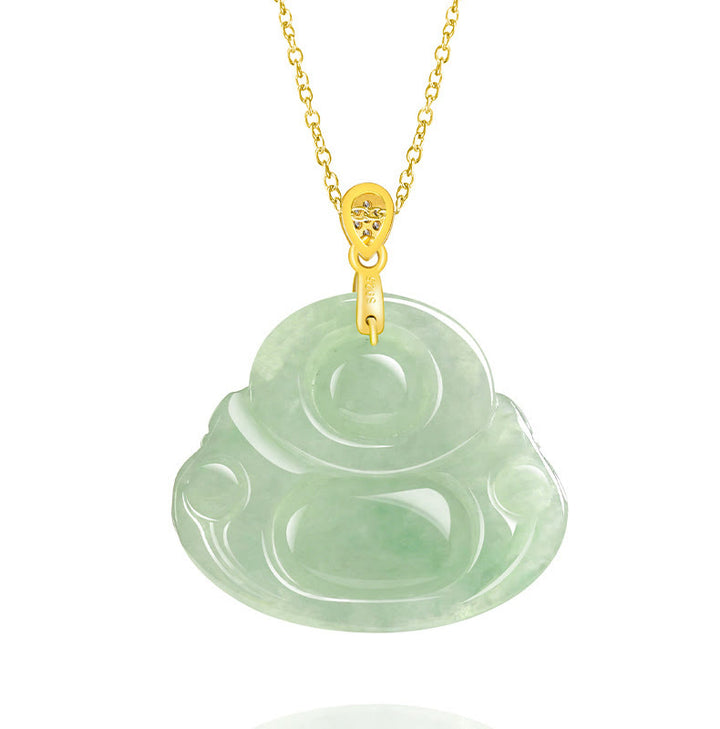 Buddha Stones 925 Sterling Silver Natural Jade Laughing Buddha Luck Prosperity Chain Necklace Pendant - image 5