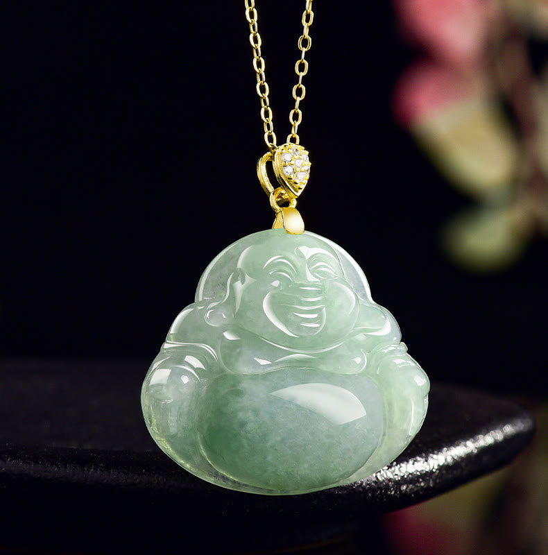 Buddha Stones Natural Jade Laughing Buddha Luck Prosperity Titanium Steel Chain Necklace Pendant - image 1