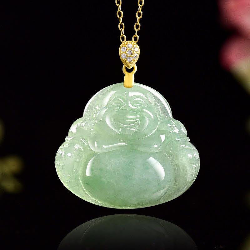 Buddha Stones Natural Jade Laughing Buddha Luck Prosperity Titanium Steel Chain Necklace Pendant - Jade(Prosperity♥Abundance) - image 0