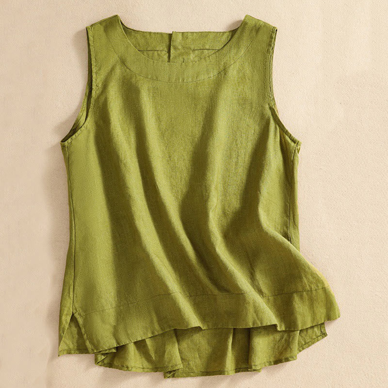 Buddha Stones Casual Solid Color Back Button Asymmetrical Crew Neck Sleeveless Women's Cotton Linen Vest - image 5