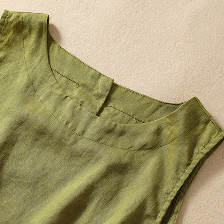 Buddha Stones Casual Solid Color Back Button Asymmetrical Crew Neck Sleeveless Women's Cotton Linen Vest - image 6