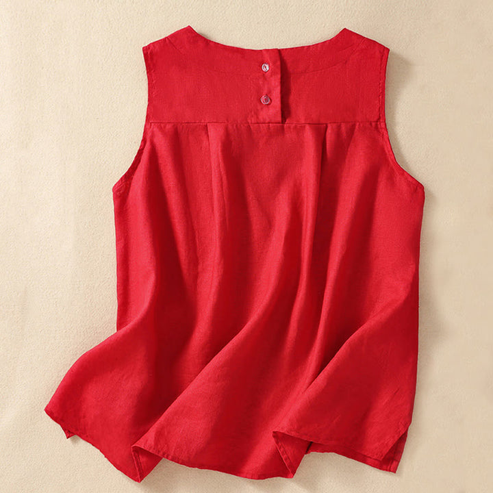 Buddha Stones Casual Solid Color Back Button Asymmetrical Crew Neck Sleeveless Women's Cotton Linen Vest - Red - US8-10，UK/AU12-14，EU40-42 (2XL) - image 17