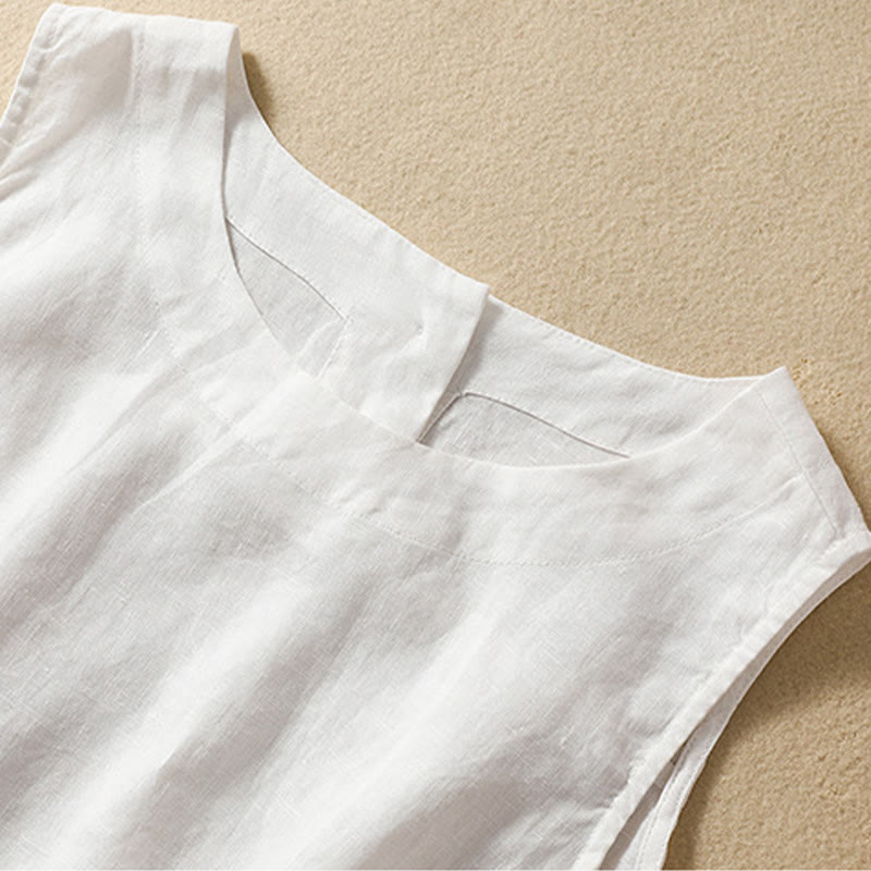 Buddha Stones Casual Solid Color Back Button Asymmetrical Crew Neck Sleeveless Women's Cotton Linen Vest - image 10