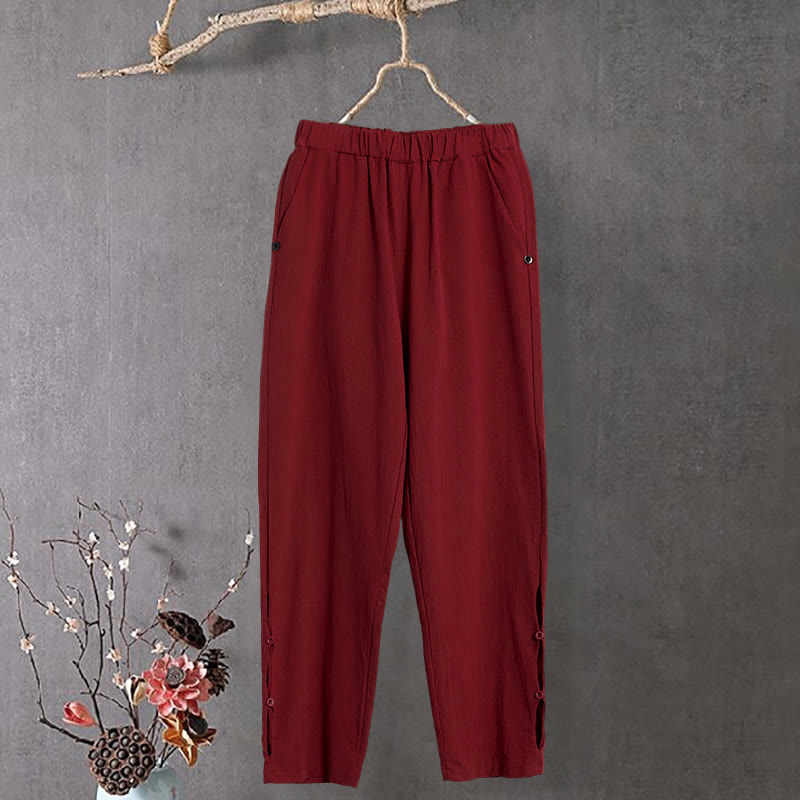 Buddha Stones Casual Pure Color Hollow Button Cuff Design Women's Cotton Linen Pants With Pockets - image 13