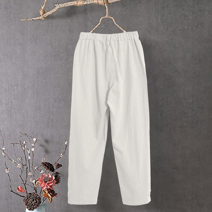 Buddha Stones Casual Pure Color Hollow Button Cuff Design Women's Cotton Linen Pants With Pockets - image 11