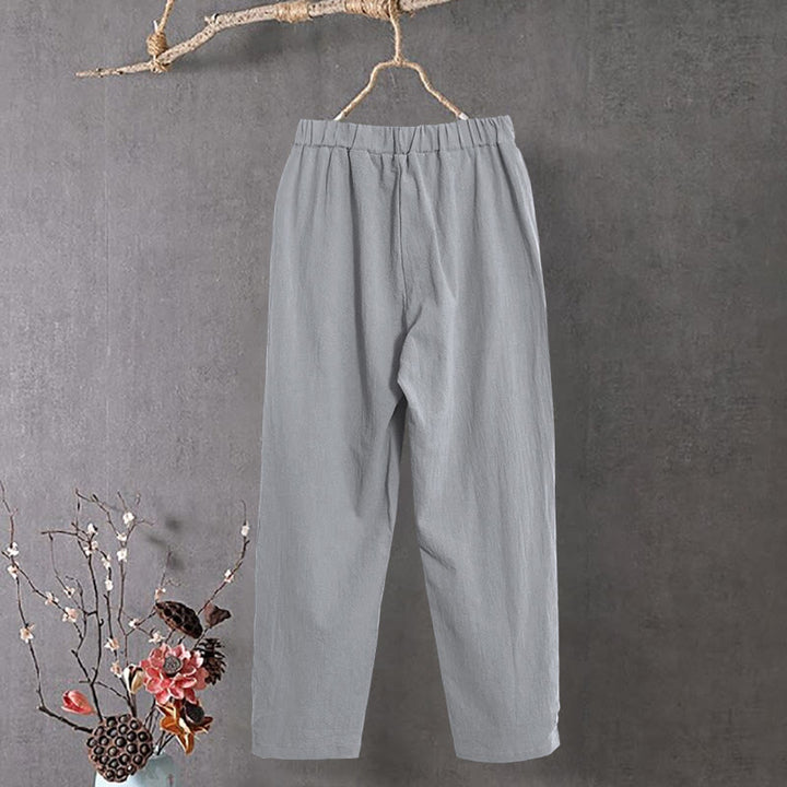 Buddha Stones Casual Pure Color Hollow Button Cuff Design Women's Cotton Linen Pants With Pockets - image 23