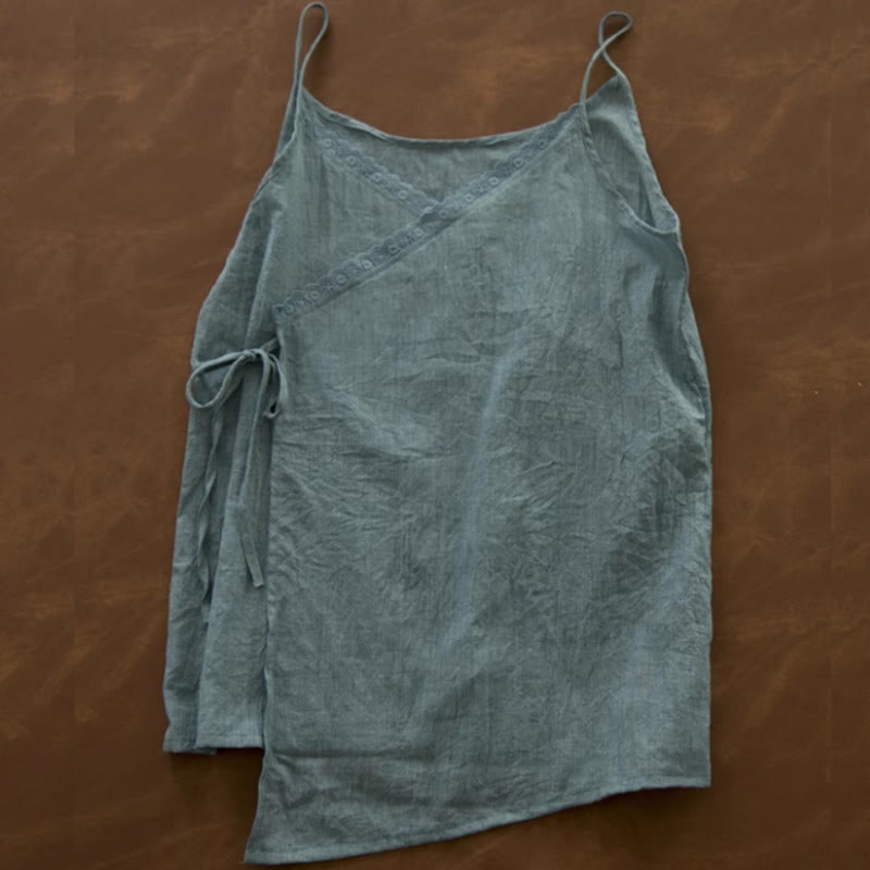 Buddha Stones Vintage Side Lace-up Splicing Lace V-neck Sleeveless Women's Cotton Linen Vest - CadetBlue - US8-10，UK/AU12-14，EU40-42 (2XL) - image 12