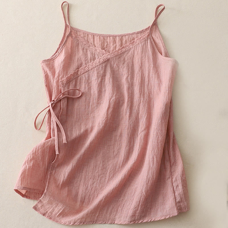 Buddha Stones Vintage Side Lace-up Splicing Lace V-neck Sleeveless Women's  Vest - LightPink - US12，UK/AU16，EU44 (2XL) - image 0