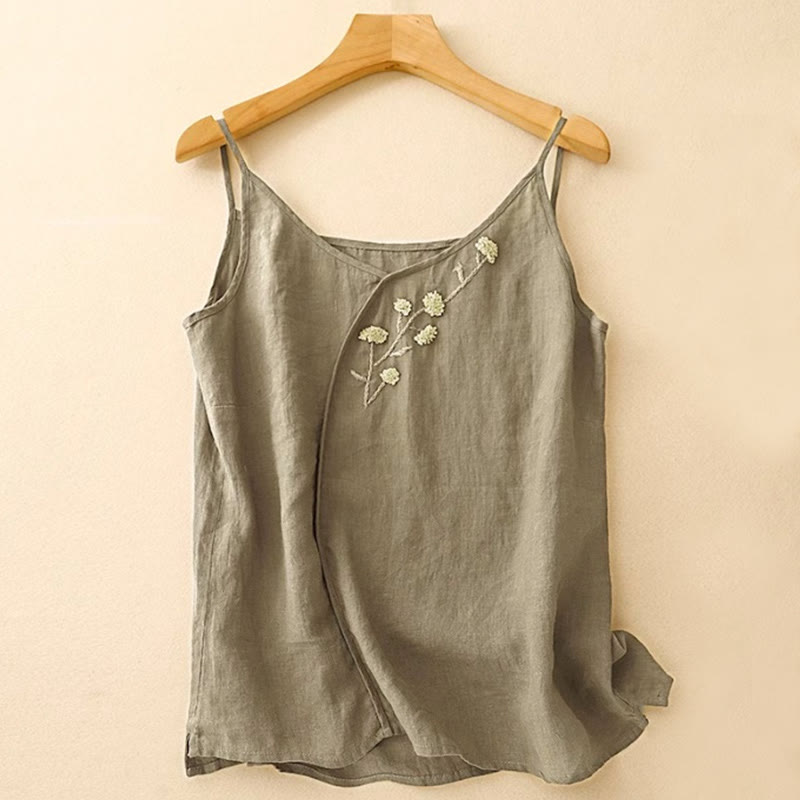Buddha Stones Ethnic Embroidery Asymmetrical Design Women's Cotton Linen Sleeveless Vest - DarkOliveGreen - US14，UK/AU18，EU46 (4XL) - image 0