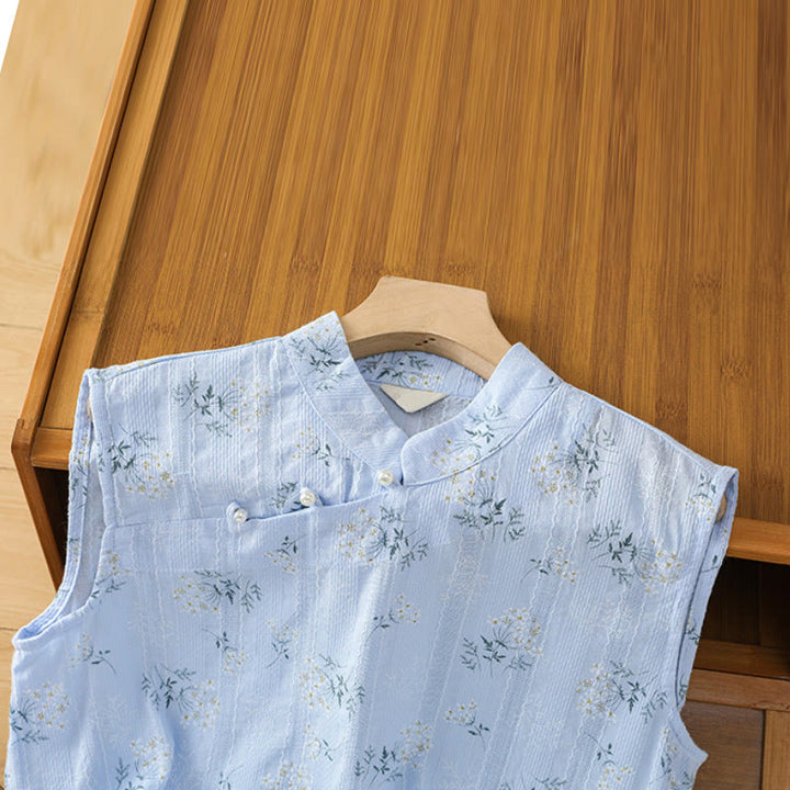 Buddha Stones Retro Printing Floral Plant Pattern Chinese Frog-Button Design Women's Cotton Sleeveless Vest - image 27